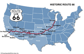 Picture of a map of the USA and Route 66 road on it. Picture of a map of the USA and Route 66 road on it.